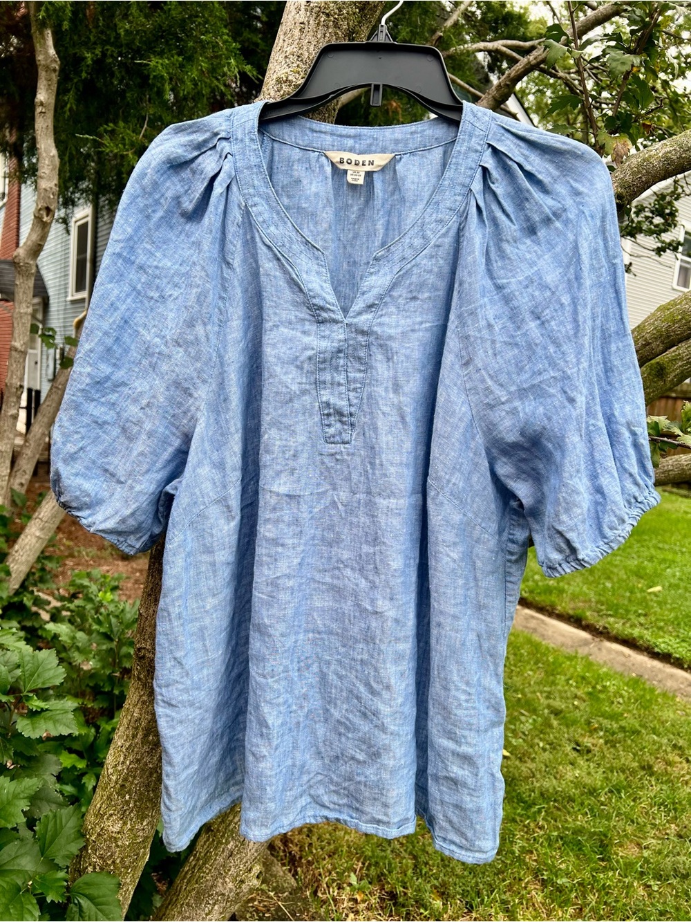 Boden blue chambray puff sleeve babydoll blouse top US 20-22 denim top XL🎀